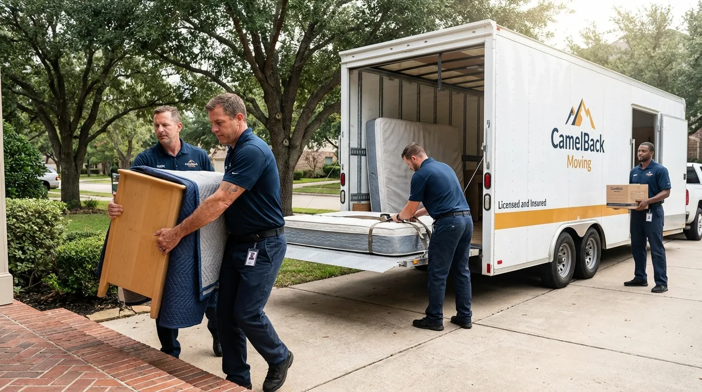 Crew loading residential truck for cross-state move from Rayne, LA