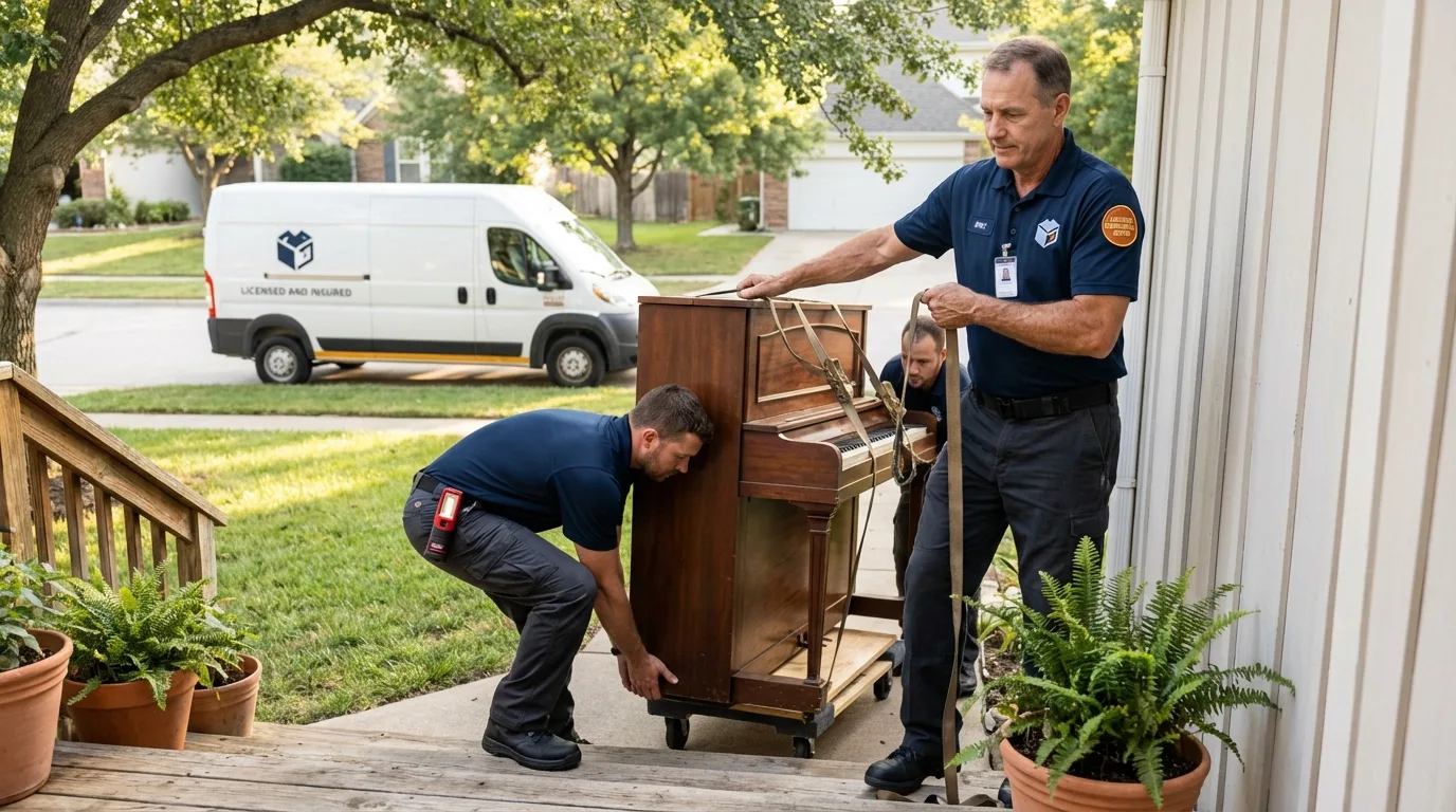 Licensed piano movers securing grand piano in Rayne, LA
