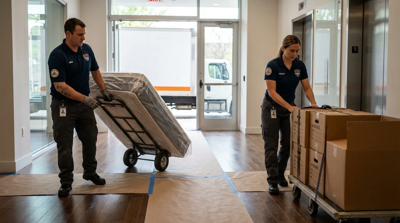 Professional apartment movers loading elevator in Rayne, LA